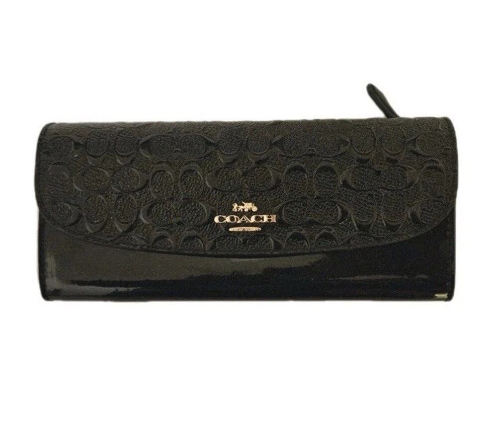 Coach Black Signature Debossed Patent Leather Slim Soft Wallet 8x3.25